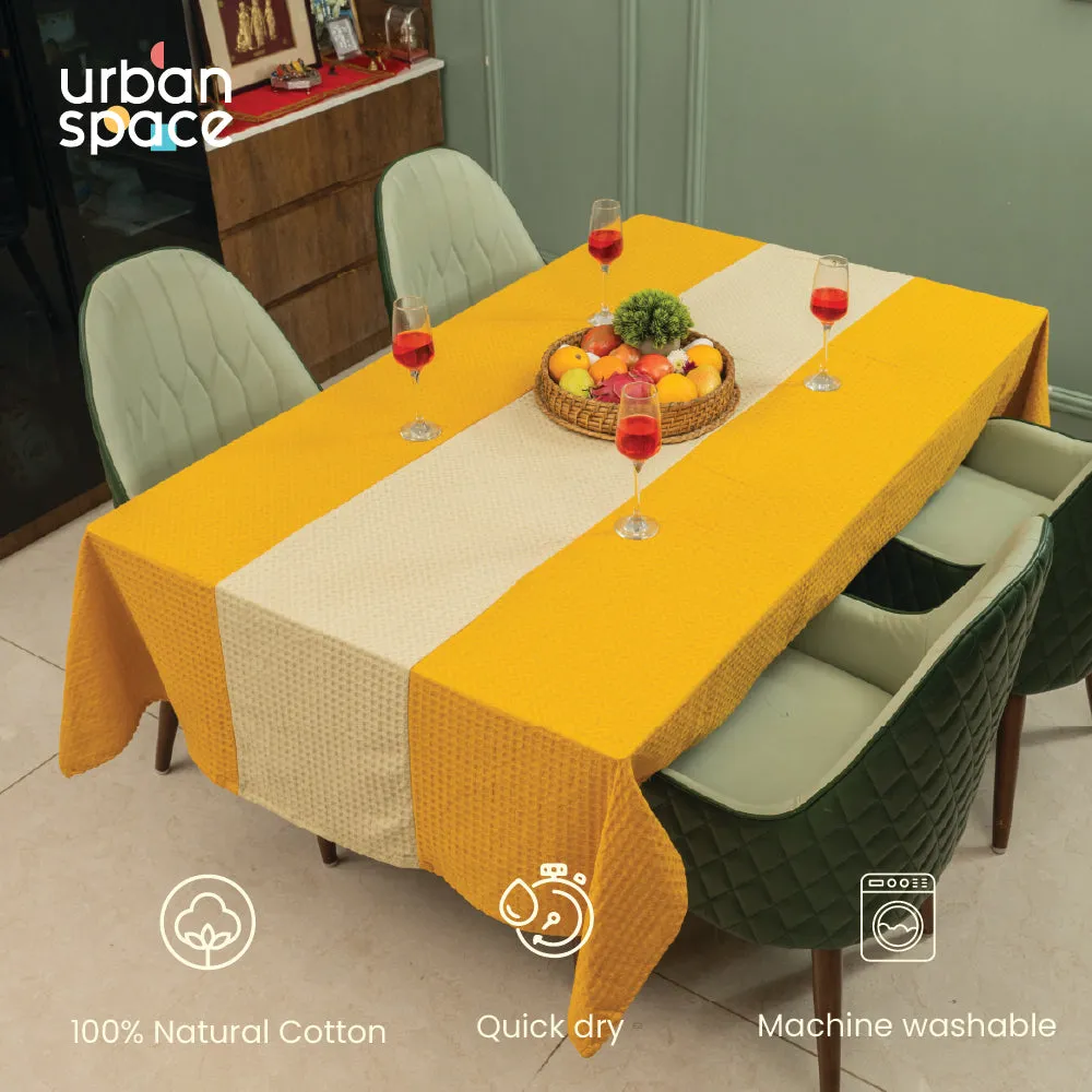 100% Cotton Waffle weave dining table cover Combo - 1 Table Cloth, 4 reversible Placemats and 4 matching solid-colored Napkins - Mustard & Beige