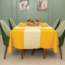 100% Cotton Waffle weave dining table cover Combo - 1 Table Cloth, 4 reversible Placemats and 4 matching solid-colored Napkins - Mustard & Beige