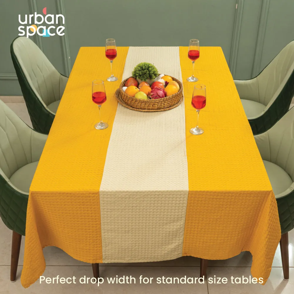 100% Cotton Waffle weave dining table cover Combo - 1 Table Cloth, 4 reversible Placemats and 4 matching solid-colored Napkins - Mustard & Beige