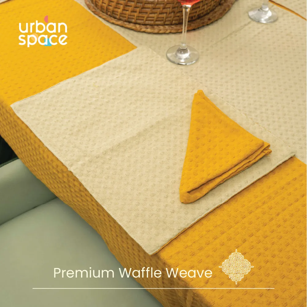 100% Cotton Waffle weave dining table cover Combo - 1 Table Cloth, 4 reversible Placemats and 4 matching solid-colored Napkins - Mustard & Beige