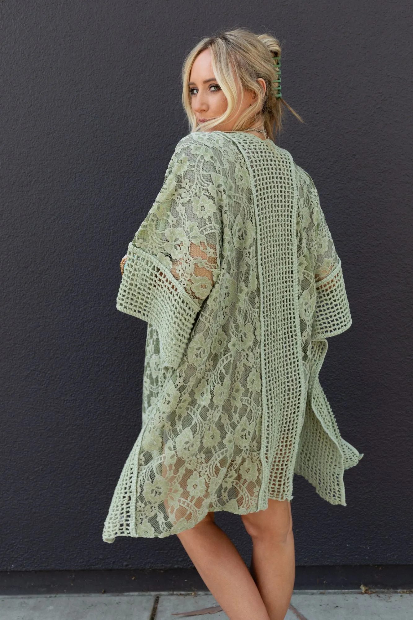 Breezy Floral Lace Kimono - Sage