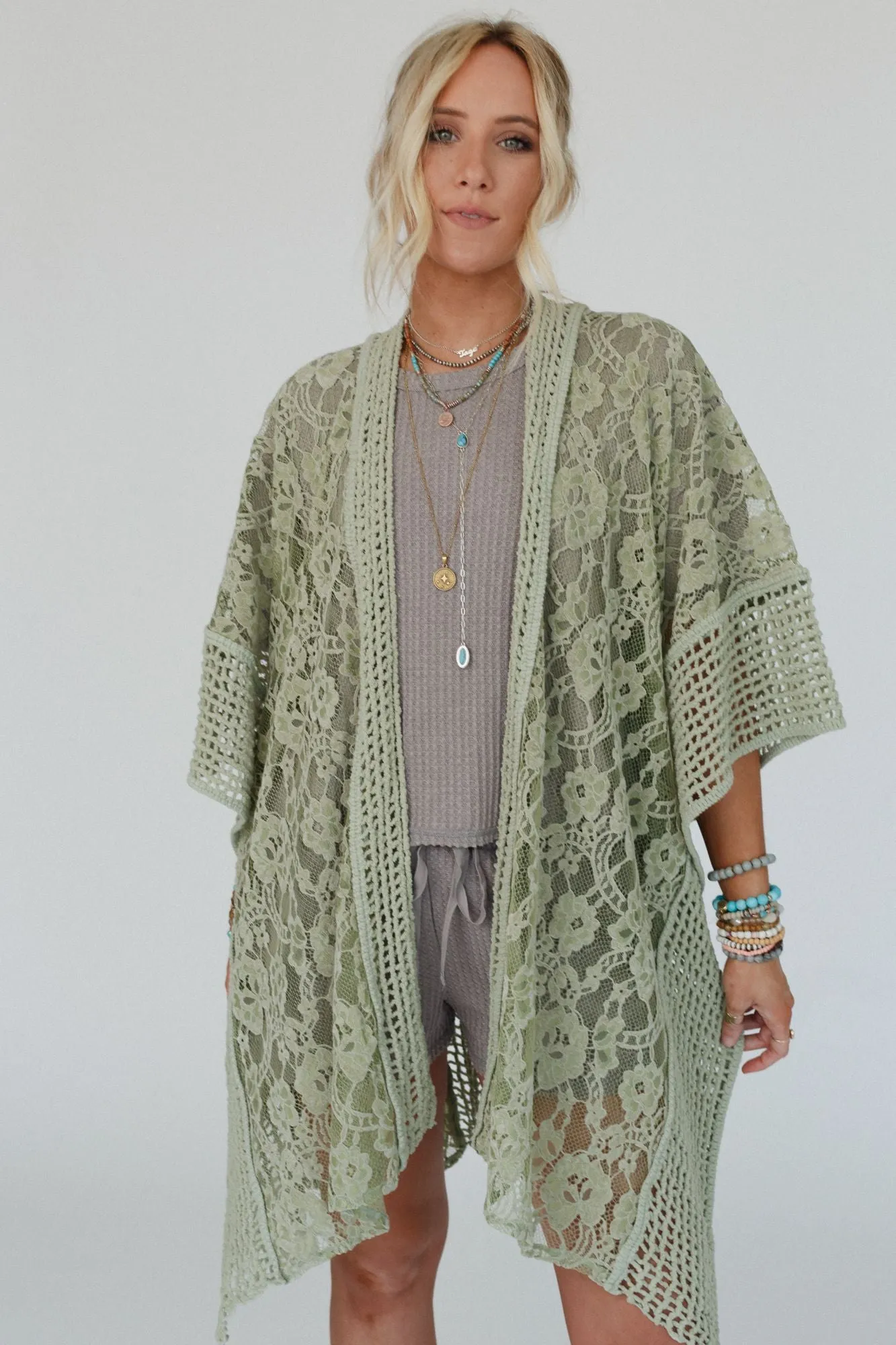 Breezy Floral Lace Kimono - Sage