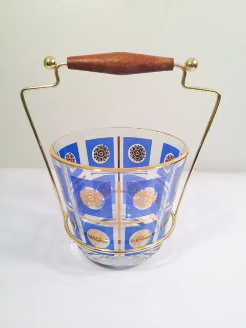 Classic 1960's Retro 22-Karat Gold Blue and Gold Sunburst Ice Container with Carrier