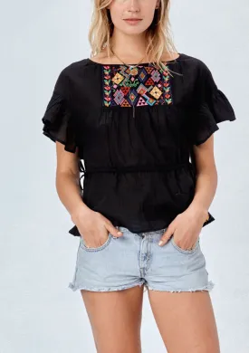 Embroidered Bib Top with Cinch Tassel Tie Waist