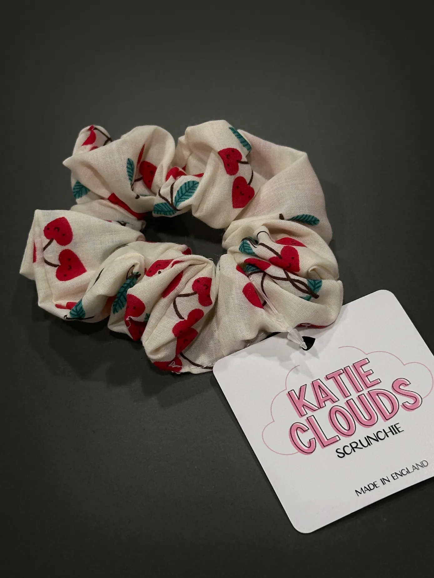 Katie Clouds Hair Scrunchie - Heart Cherries - Hand Made in England