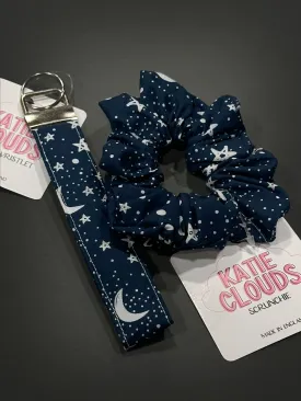 Katie Clouds Scrunchie & Keychain Wristlet Set - Moons & Stars  - Hand Made in England