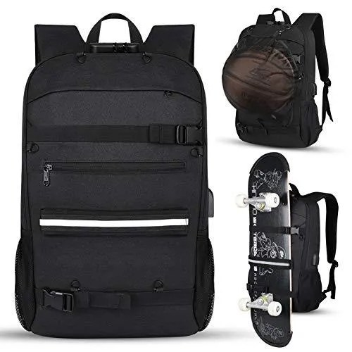 Skateboard Backpack with Anti-Theft Lock and USB Charging Port