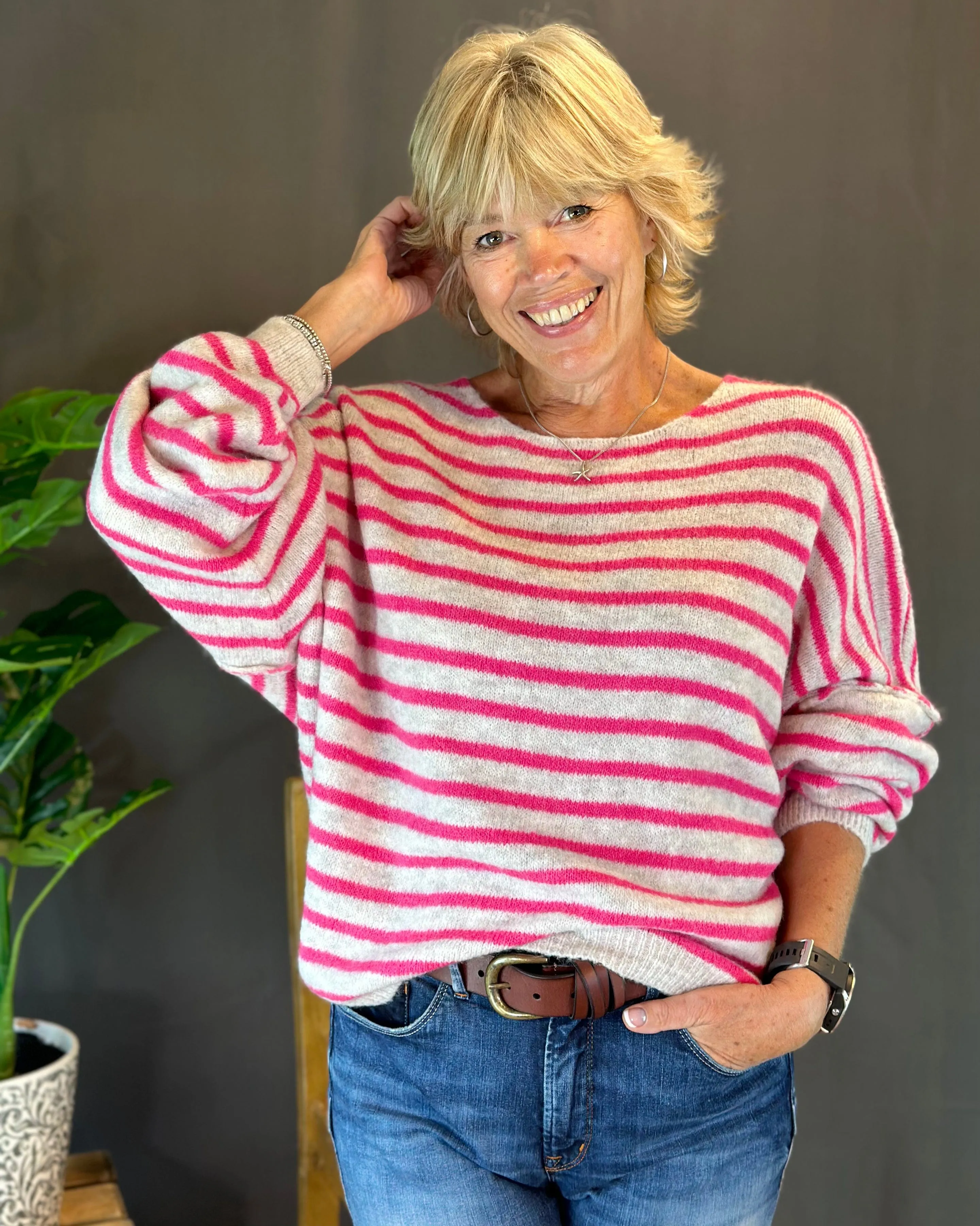 Soft Knit Striped Jumper - Pink/Oatmeal